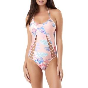 Strappy pink floral one piece swim suit